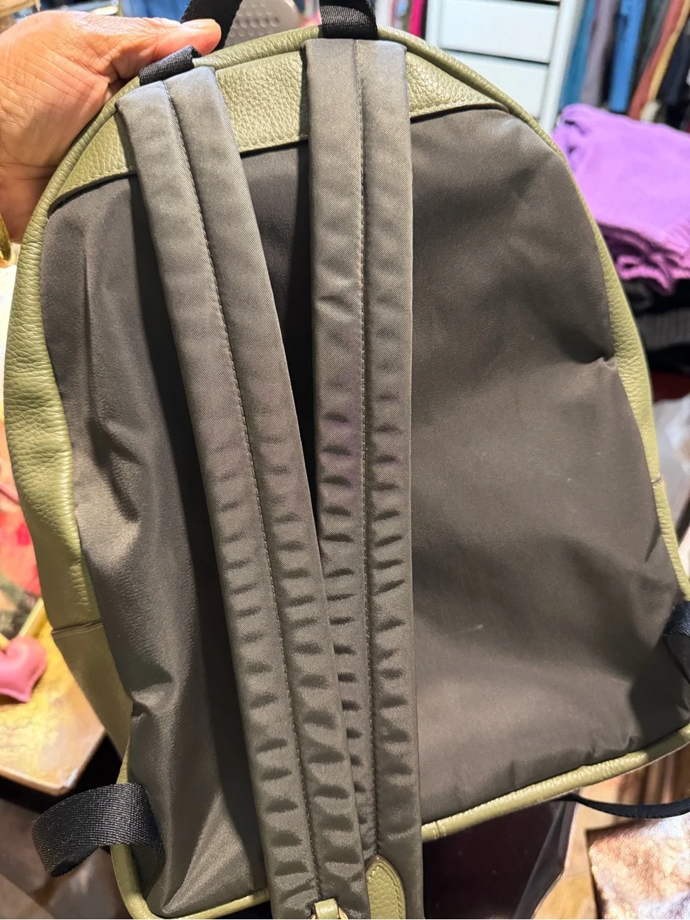 Coach Olive Green Pebbled Leather Backpack with Gold-Tone Hardware